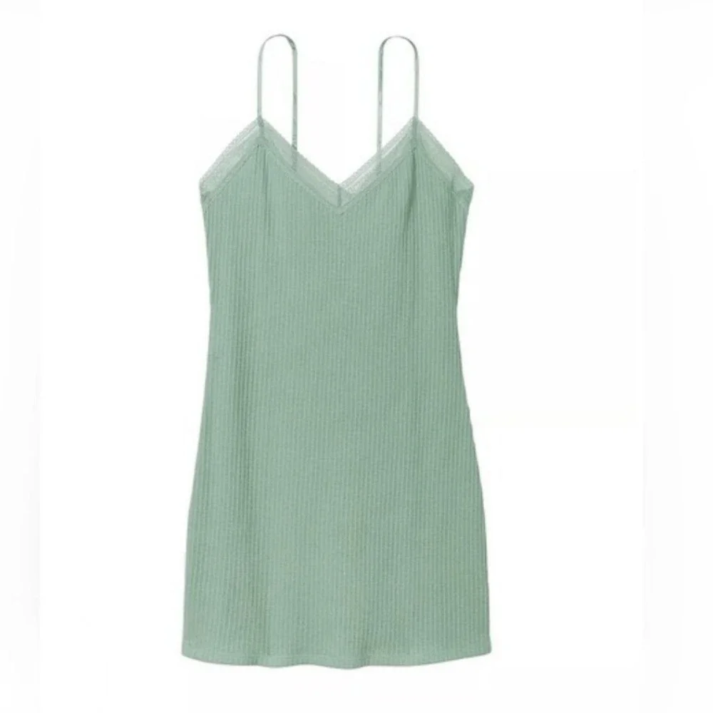 Victoria's Secret Light Sea Green Ribbed Lace Tank Top Sleepwear Nightgown Dress